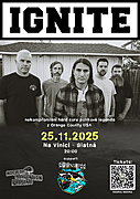 Hardcore/punk legenda z kalifornského Orange County míří zpět do Česka a překvapivě úplně poprvý do Blatný! IGNITE – kapela s více než 30 lety na scéně, známá svými energickými koncerty, silnými sociálními a politickými texty a nezaměnitelným zvukem, který ovlivnil generace fanoušků po celém světě. Po letech s ikonickým hlasem Zolí Téglase přichází nová éra s frontmanem Eli Santanou (ex-Holy Grail), a nová deska “Ignite” (2022) ukazuje, že kapela má stále co říct a naživo je to pořád stejná pecka!
19:30 - Pouštíme do sálu
20:00 - SPRINGLESS
21:00 - IGNITE
Cena předprodejové vstupenky je 525 Kč (včetně manipulačního poplatku). Na místě pak bude cena případně 600 Kč.