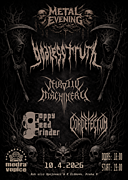 METAL EVENING PARTY není jednorázovka. METAL EVENING PARTY je koncertní série zaměřená na extrémní metal, která vznikla z potřeby dělat věci po svým. Podpora domácí scény, hosté, kteří mají co říct, a večer, který má tu správnou energii. První ročník proběhl už v prosinci 2009 v dnes už neexistujícím klubu Exit Chmelnice.
POPPY SEED GRINDER u toho byli už před 17 lety a teď znovu předvedou svůj brutální nářez ve stejné značce, jen v jiném čase, na jiném místě a se stejným zápalem poslat celý klub do kolen. Kdo byl někdy v klubu, když to sedne, ví, že tohle není jen „koncert“: je to stav.
NEUROTIC MACHINERY na METAL EVENING PARTY taky zanechali svoji stopu. Vystoupili tu už v roce 2012 a od té doby ušli dlouhou cestu. Tahle parta sází na moderní, precizně sekaný extrémní metal, kde se kombinuje rychlost s nelítostným tlakem, který je cítit v každém riffu. Je to jízda, která nestojí jen na tempu, ale na dynamice, důrazu a tvrdé práci celé kapely.
GODLESS TRUTH patří mezi respektovaná jména domácího extrémního metalu. Technická deathmetalová kapela z Olomouce funguje už od roku 1994 a typická je pro ně kombinace preciznosti, brutalního tlaku a techniky. Jejich novější tvorba bývá v recenzích popisovaná jako hyper-technická a nemilosrdná, přitom stále dost „chytlavá“ na to, aby tě to naživo naprosto semlelo.
CORDEFECTUM je poměrně mladá kapela z Litoměřic, ale v jejích řadách stojí zkušení muzikanti z nejrůznějších směrů extrémního metalu. Tahle parta servíruje death metal s temnější atmosférou a výrazem, který nestojí jen na brutalitě, ale i na náladě. Tvrdé riffy, chladná energie, motivy rozkladu, smrti a vnitřních démonů tě nenechají nadechnout.
Čtyři kapely, čtyři podoby extrému. METAL EVENING pokračuje !
