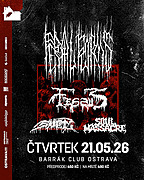 Večer jako stvořený pro fanoušky špinavého old-school death metalu na kterém zahrají Feral Forms z Itálie, Snět z Prahy, která v Ostravě zahraje vůbec poprvé, Fessus z Rakouska a domácí Soul Massacre. Druhý den je státní svátek!