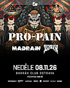 Hardcore legenda Pro-Pain z New Yorku se vrací do Ostravy se svým turné k 35 letům výročí kapely a s novým albem! Jako support vystoupí energická stoner/hardcore parta Sloth z Brna a melodic hardcore banda Madrain z Oder!