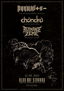 REZONANCE ZEMĚ [psychedelic doom]
Originální a uhrančivá skupina naplno využívající kontrast hutné rytmiky s violoncellem a ženským zpěvem. Jsou důkazem toho, že psychedelický doom se dá dělat i bez kytary. Mystický prožitek zaručen.

CHANDRA [doom/post-metal/sludge]
Kolínská kapela hrající temný, těžký a valivý metal. Nečekejte žádnou rozjuchanou show, prožitek z jejich hudby se totiž dá nejlíp přirovnat k pocitům člověka drceného hydraulickým lisem. Budete je milovat.

NUUMMITE [instrumental post-metal]
Instrumentální trojice kombinující black metalové erupce s barevnými psychedelickými a post-rockovými pasážemi. Těžko zařaditelné eklektické kompozice, nosné riffy a nekompromisní bicí.